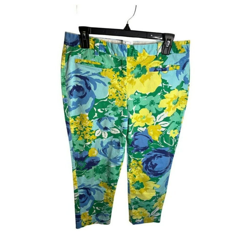 Lands End Women's Floral Print Chino Crop Pants Size 8 Preppy Retro Flat Front